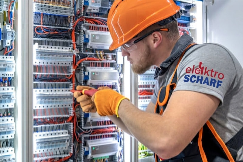 Elektriker repariert industriellen Schaltschrank – Elektro Scharf GmbH Wolfsburg
